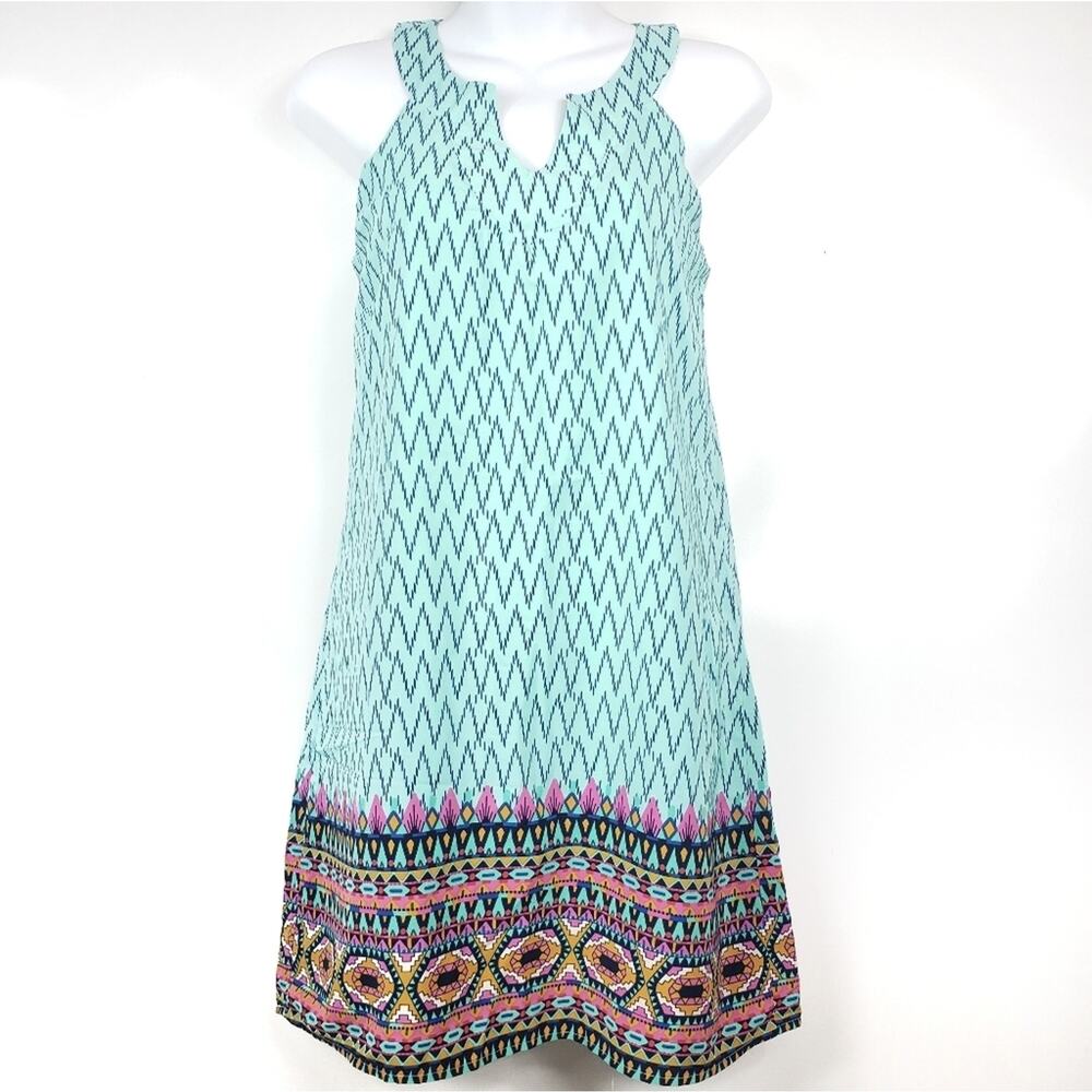 Buttons Aqua Blue Chevron Geometric Halter Shift Dress Boho Border Print S
